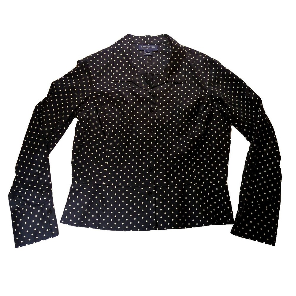Jones New York Shirt Women’s L Blue Polka Dot Signature Woman Blouse 100% Cotton